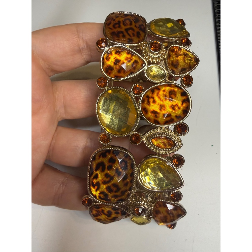 Gold Tone Leopard Print Amber Resin Stone Stretch Wide Cuff Statement Bracelet